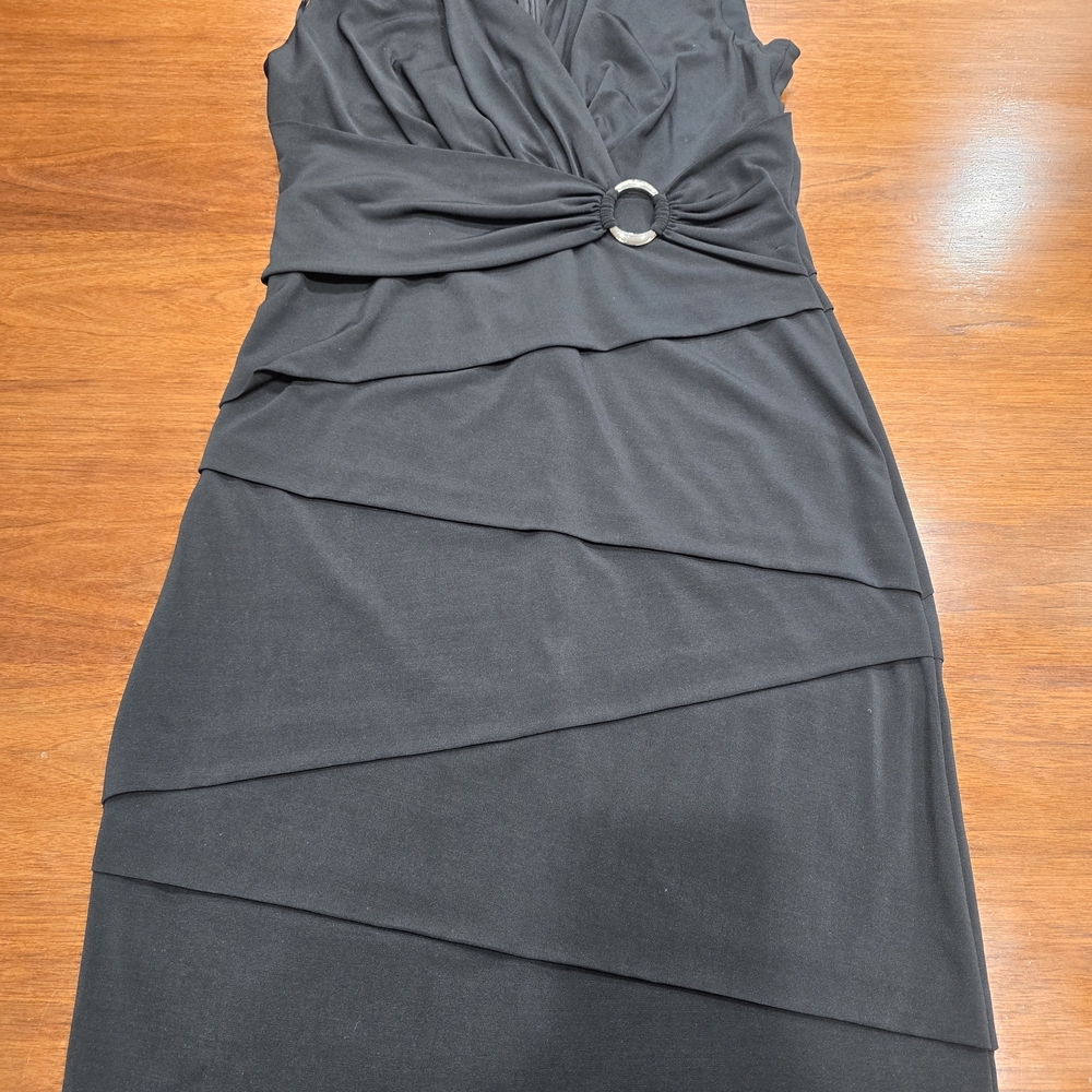 White House Black Market Black Sheath Dress Layered Buckle V-Neck Jersey Size 12